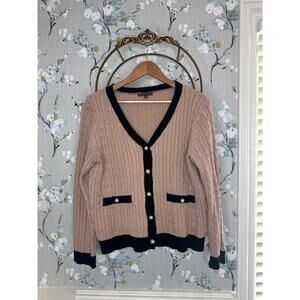 Adrianna Papell Brown Black Cable Knit Cardigan with Pearl Buttons - Size Large